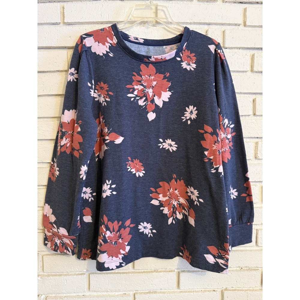 Cuddl Duds Comfortwear Soft Long Sleeve Pullover In Gray Floral Sz Medium NWOT